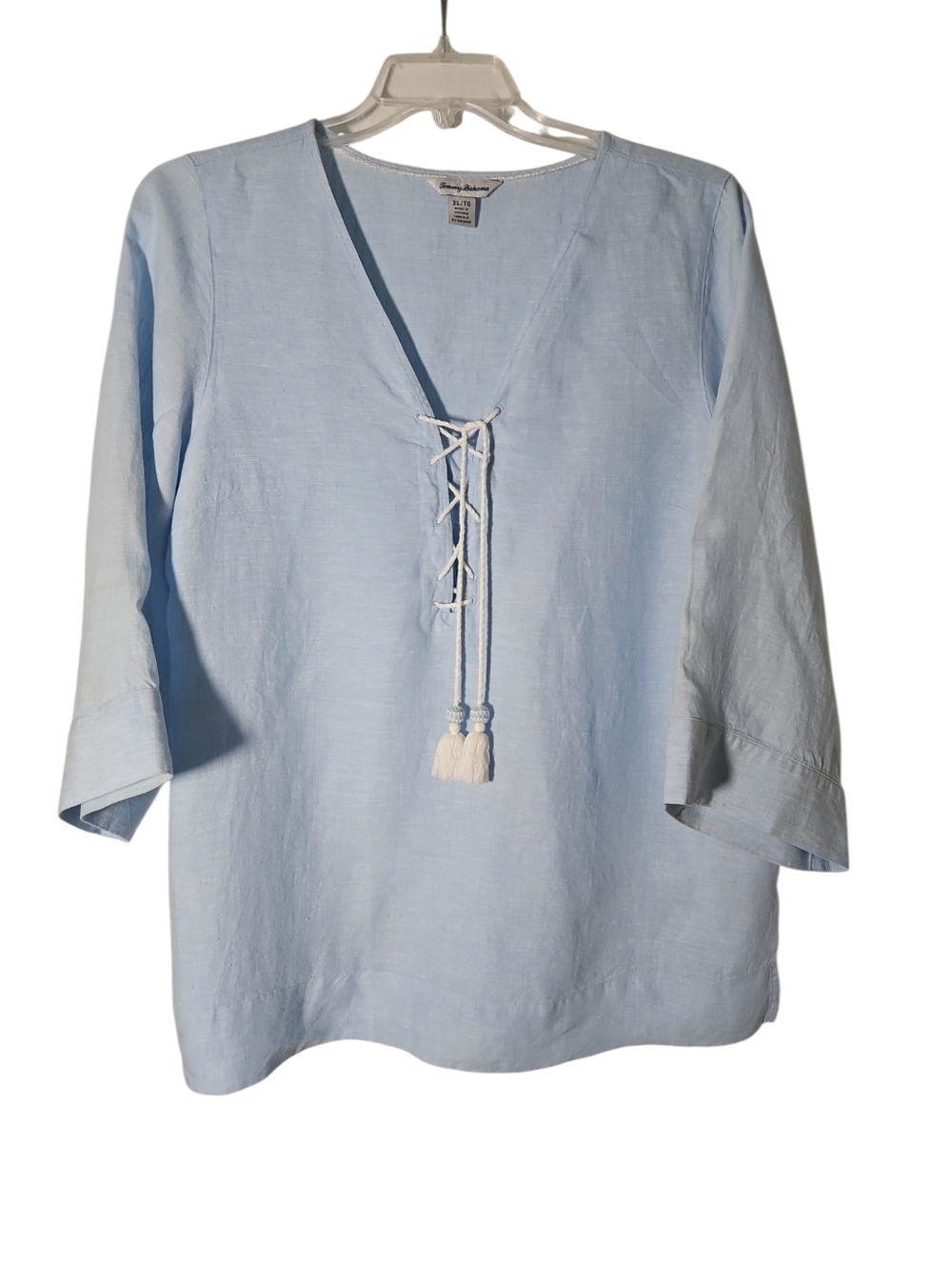 Womens Tommy Bahama Linen Top XL Blue Chambray Lace Up Coastal Pullover
